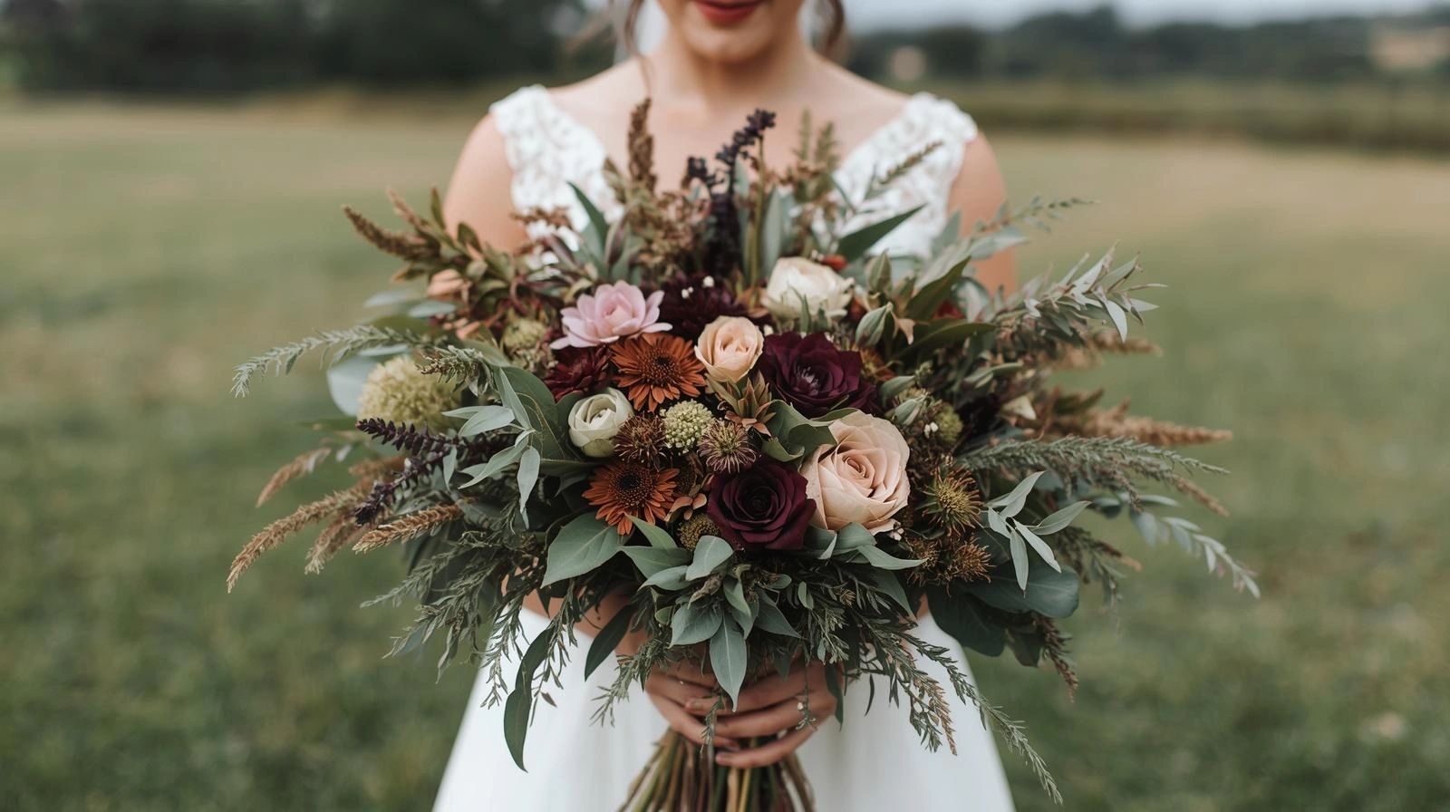 beautiful bride holding botanical inspired wedding bouquet