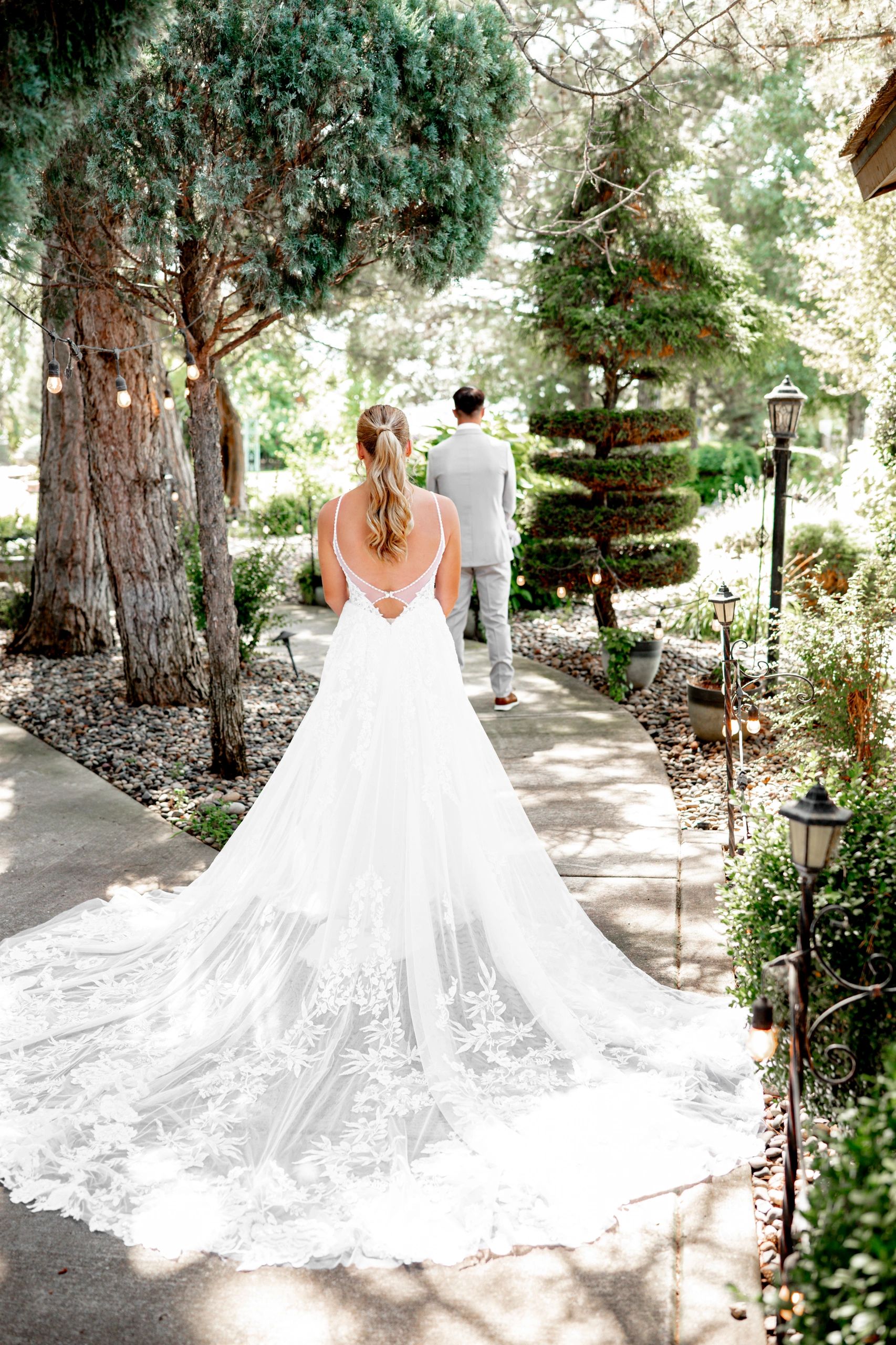 Couple having first look in gardens at Stone Ridge Estates Pasco Washington Wedding Venue