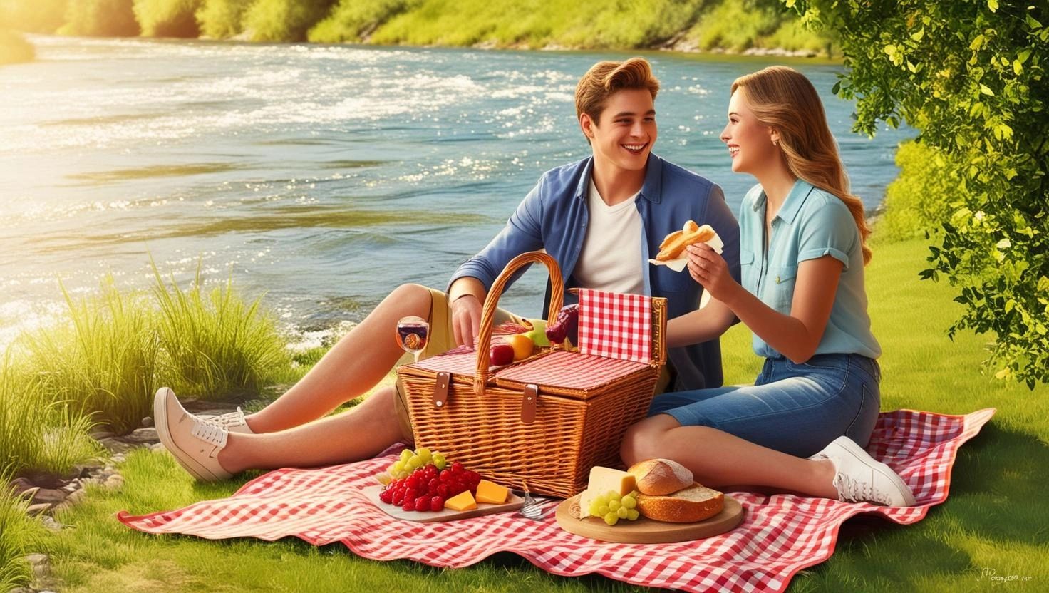just married couple enjoying a picnic near the columbia river