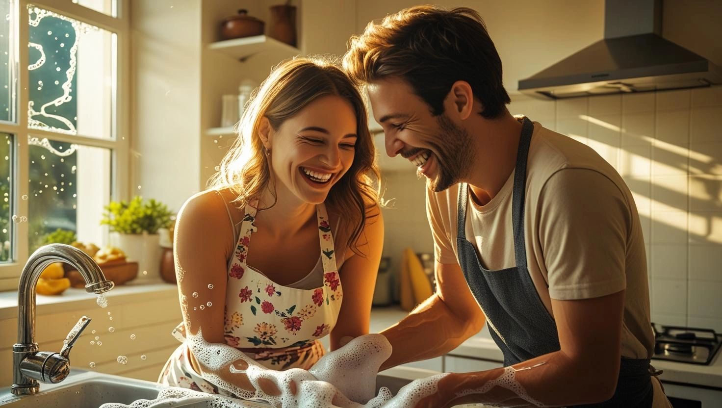 happy couple just married doing dishes together